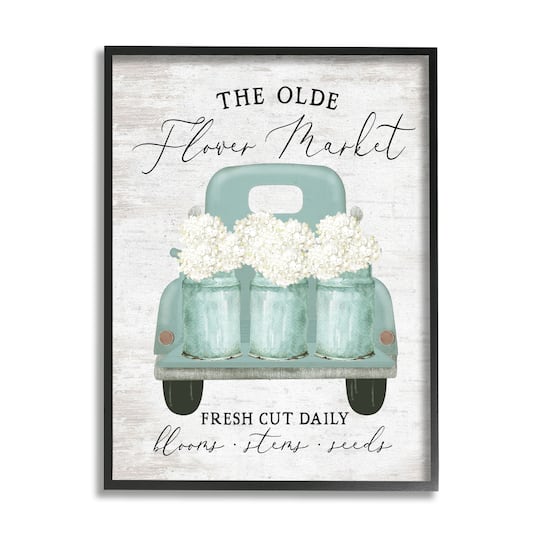 Stupell Industries Olde Farmer Market Vintage Turquoise Truck White Florals Framed Wall Art